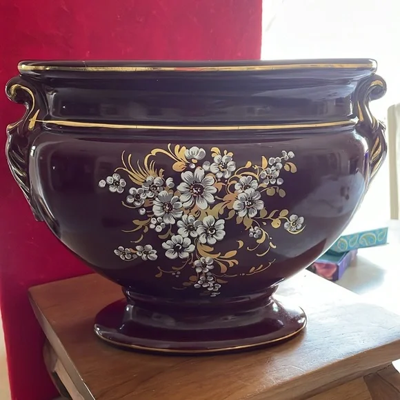 Unique Vintage Rare Keramos-Oro Zecchino Italy Ceramic Burgundy Floral Vase